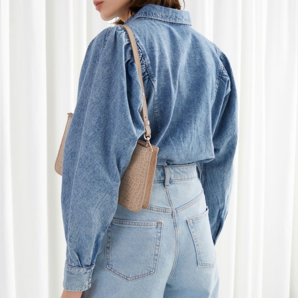 & Other Stories Puff Shoulder Cotton Denim Collared Button Down Shirt size 0 - Picture 2 of 13